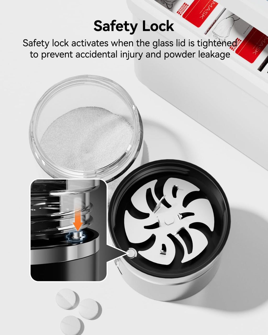 Close-up view of the twelve 304 stainless steel blades inside the automatic tablet grinder.