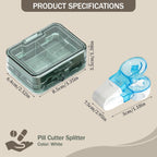 White tablet splitter with transparent storage compartment displaying organized medication halves and quarters.