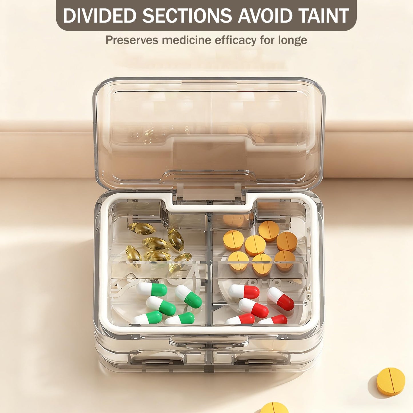 Multi functional medicine management kit showing the precise cutting of an oblong tablet into thirds.