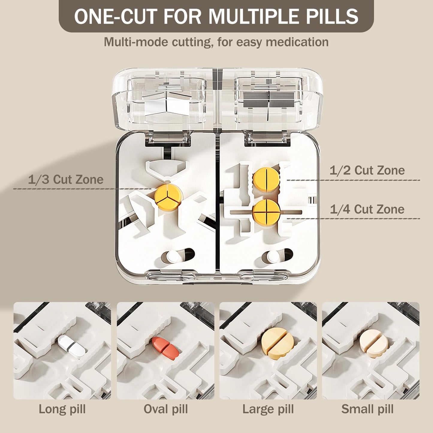 Compact portable pill cutter with travel pouch and pill taker accessory on a clean background.