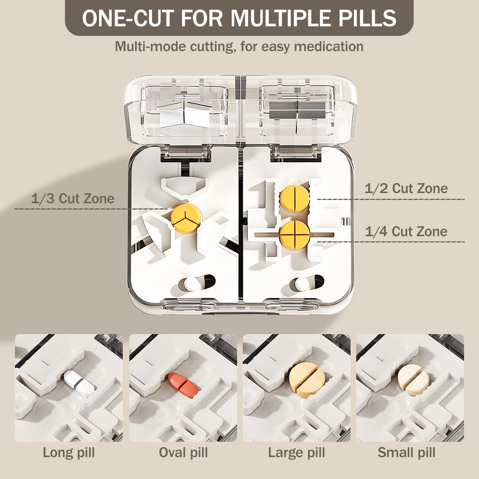Compact portable pill cutter with travel pouch and pill taker accessory on a clean background.