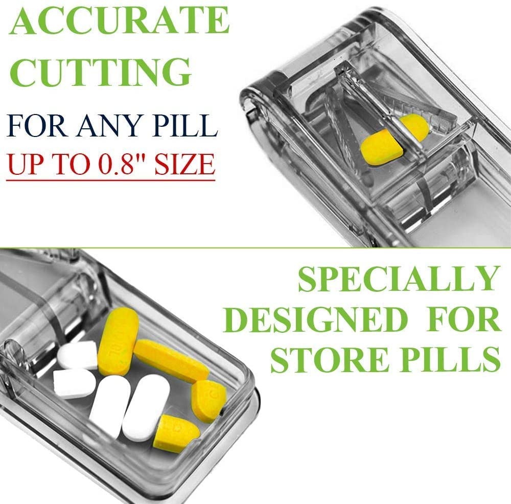JohnBee multiple pill splitter open showing the V-shaped holder and stainless steel blade