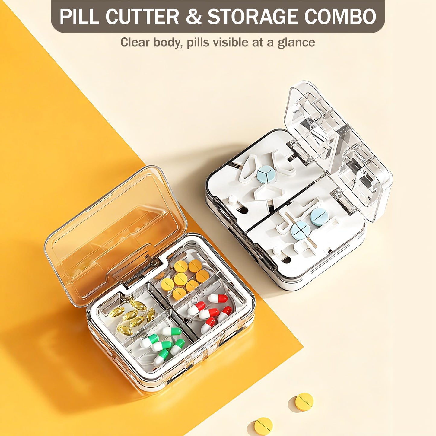 Seniors using the ergonomic white pill splitter to safely divide tiny health supplements.