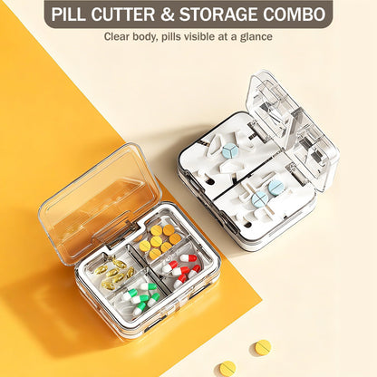 Seniors using the ergonomic white pill splitter to safely divide tiny health supplements.