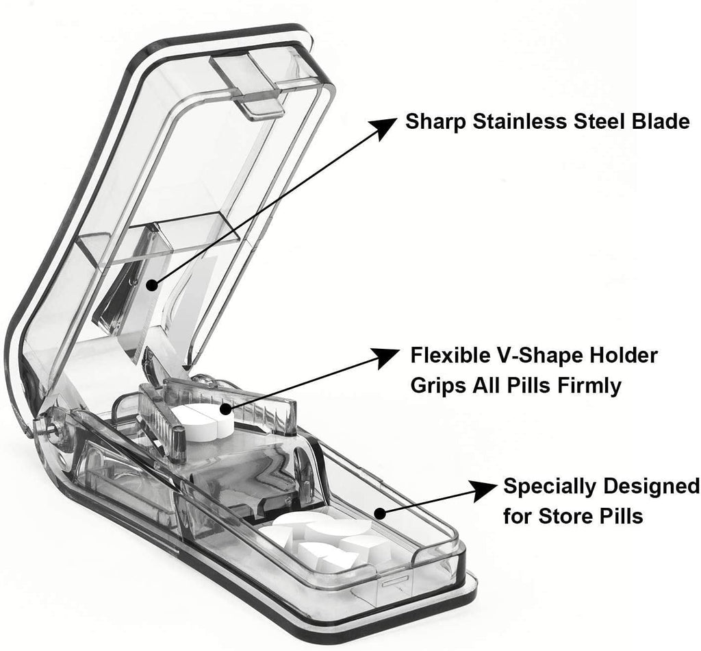 JohnBee tablet cutter displaying the three built-in medication storage compartments
