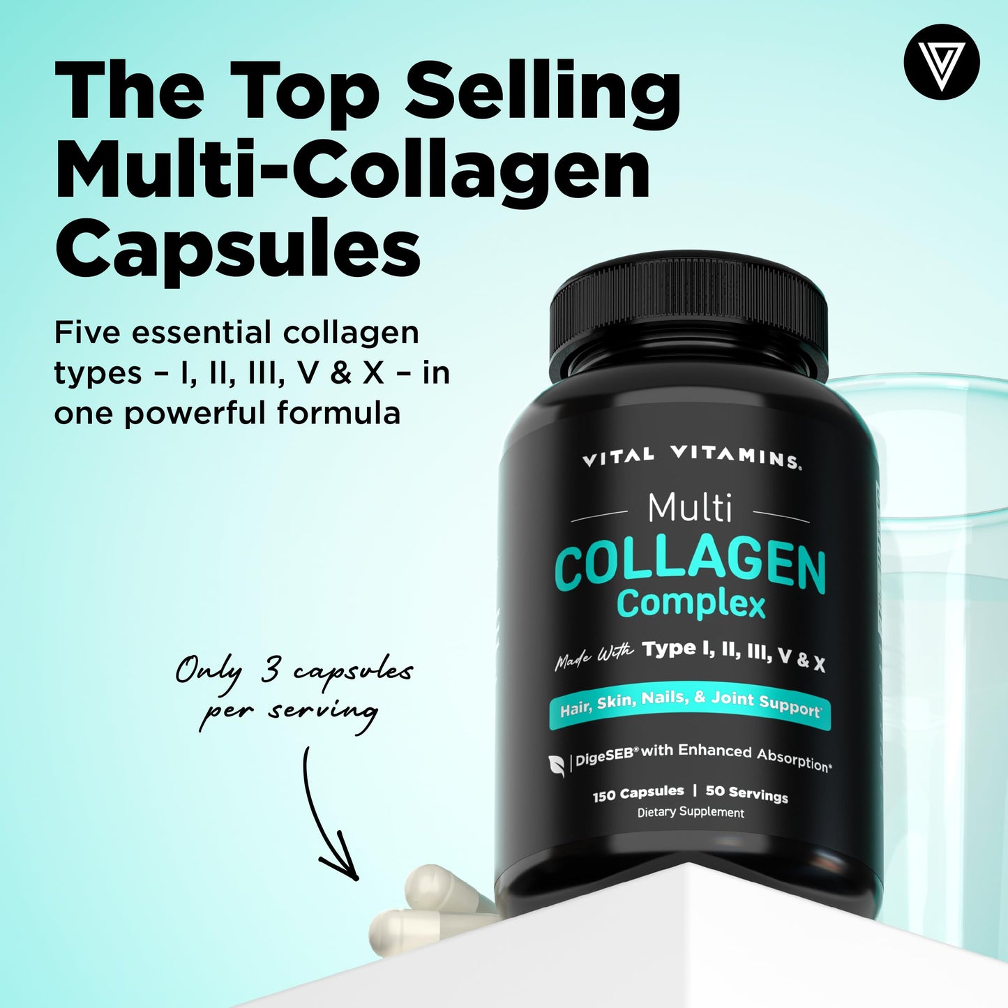 Vital Vitamins Hydrolyzed Collagen Peptides supplement panel showing grass-fed bovine and marine sources