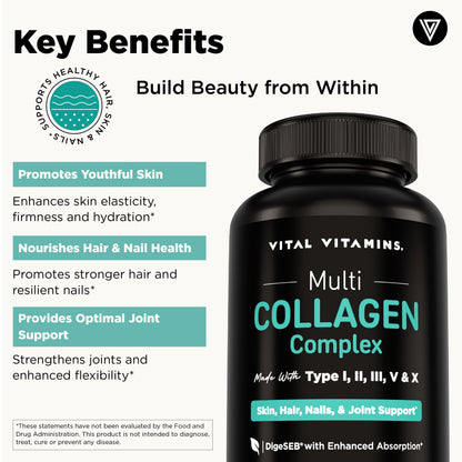 Vital Vitamins multi source collagen pills display illustrating benefits for skin hair and joints