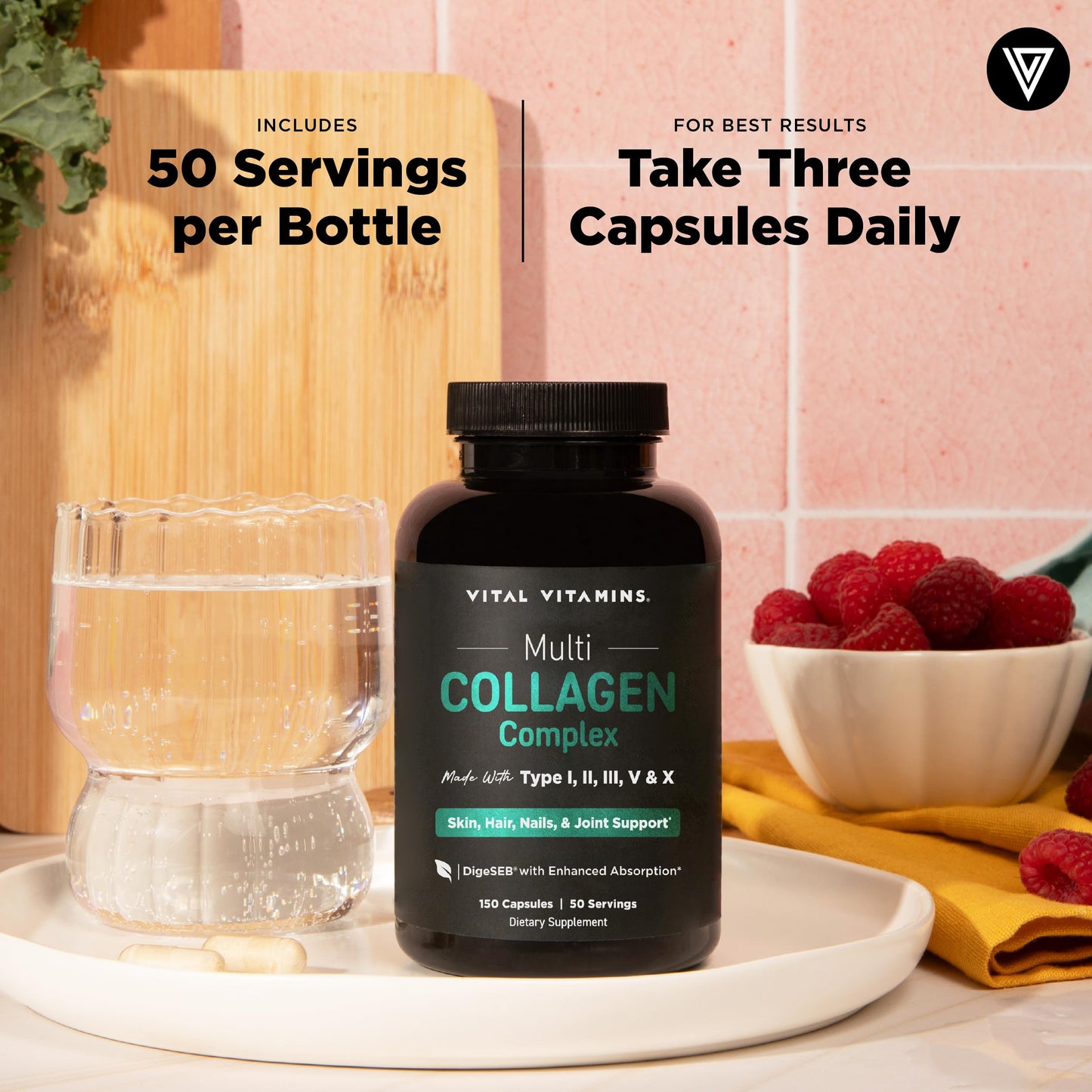 Vital Vitamins multi collagen product packaging highlighting six capsule daily dosage instructions