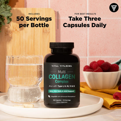 Vital Vitamins multi collagen product packaging highlighting six capsule daily dosage instructions