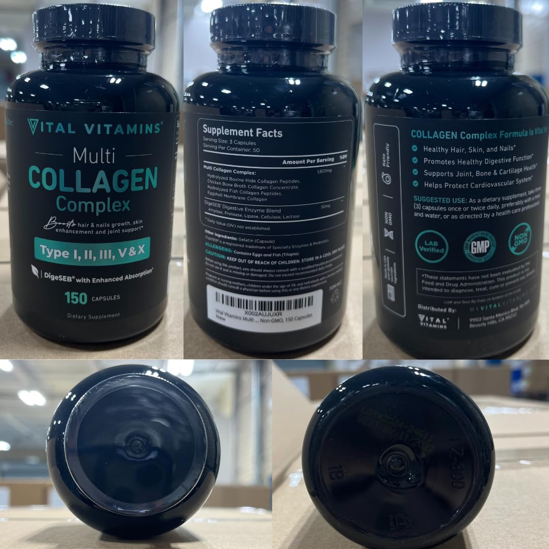 Full range view of Vital Vitamins premium multi collagen bottle showing clean grass fed certification