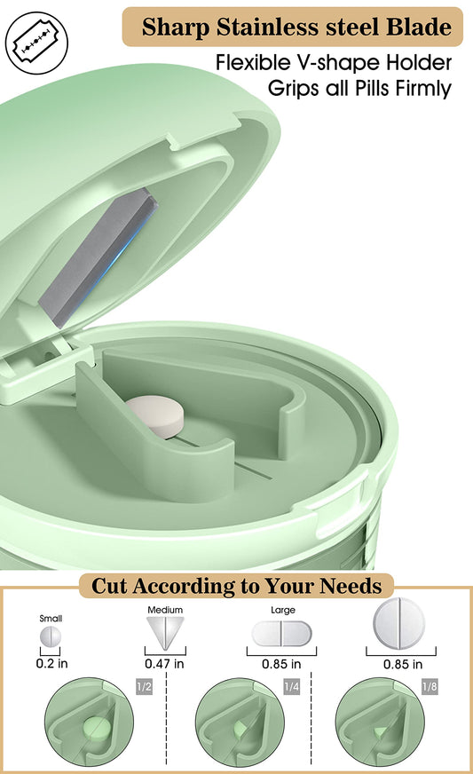 Multifunctional tablet crusher and splitter open view displaying the sharp stainless steel blade.