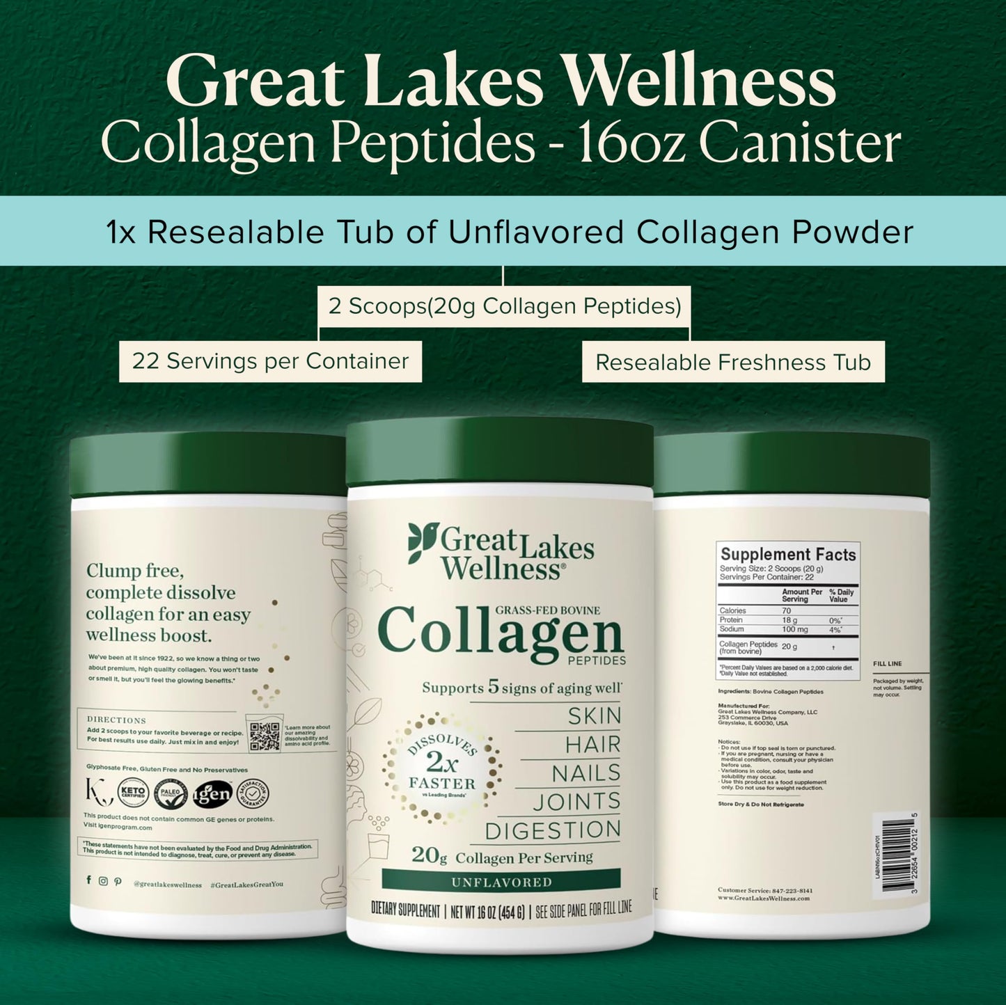 Great Lakes Wellness grass fed bovine collagen powder supplement facts and nutrition label