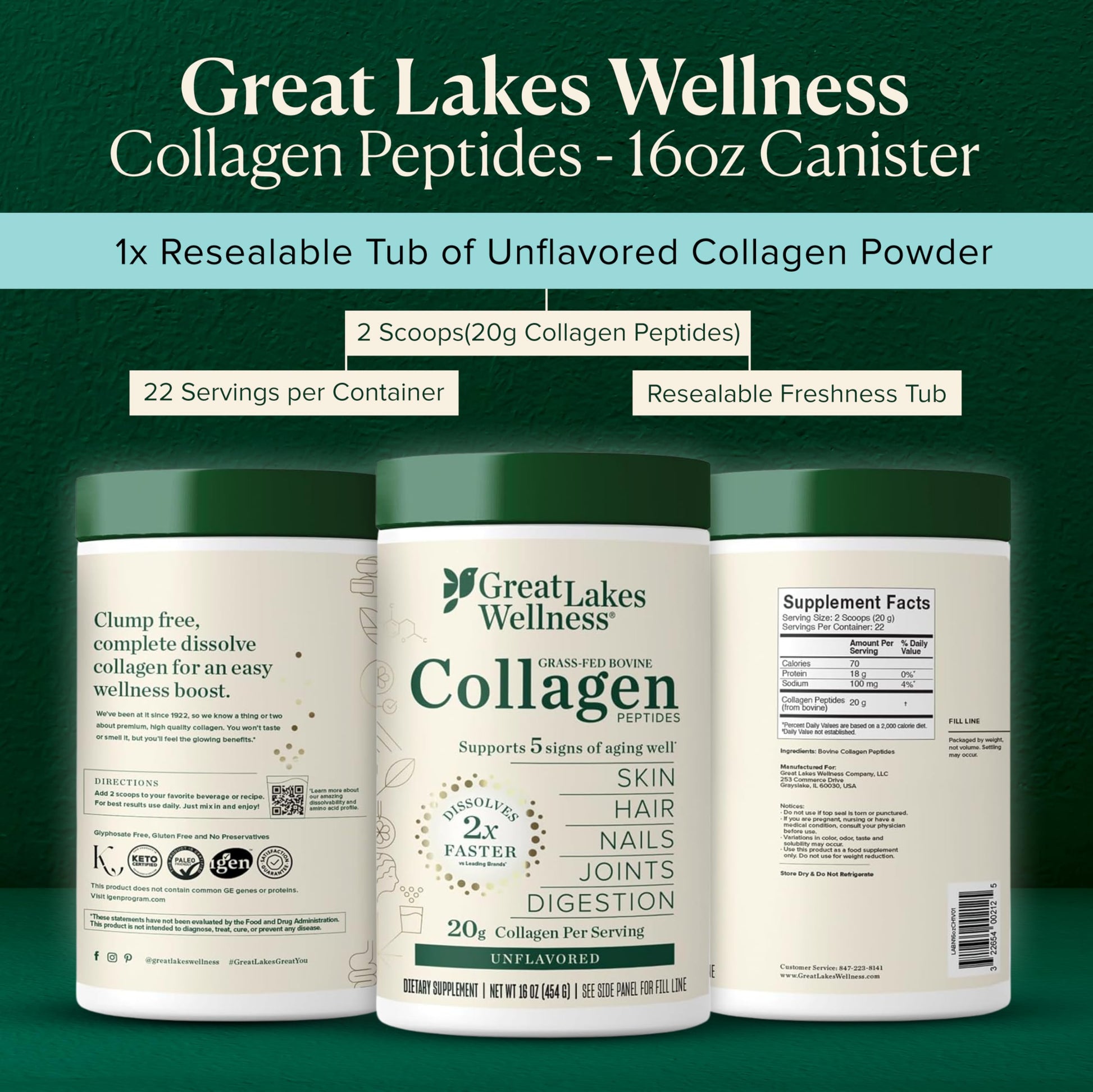 Great Lakes Wellness grass fed bovine collagen powder supplement facts and nutrition label