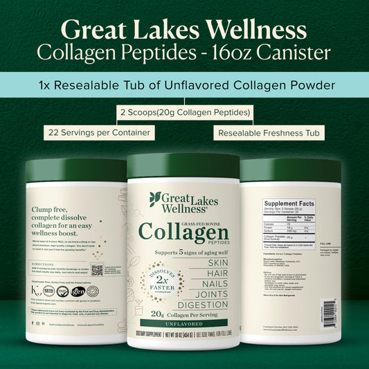 Great Lakes Wellness grass fed bovine collagen powder supplement facts and nutrition label