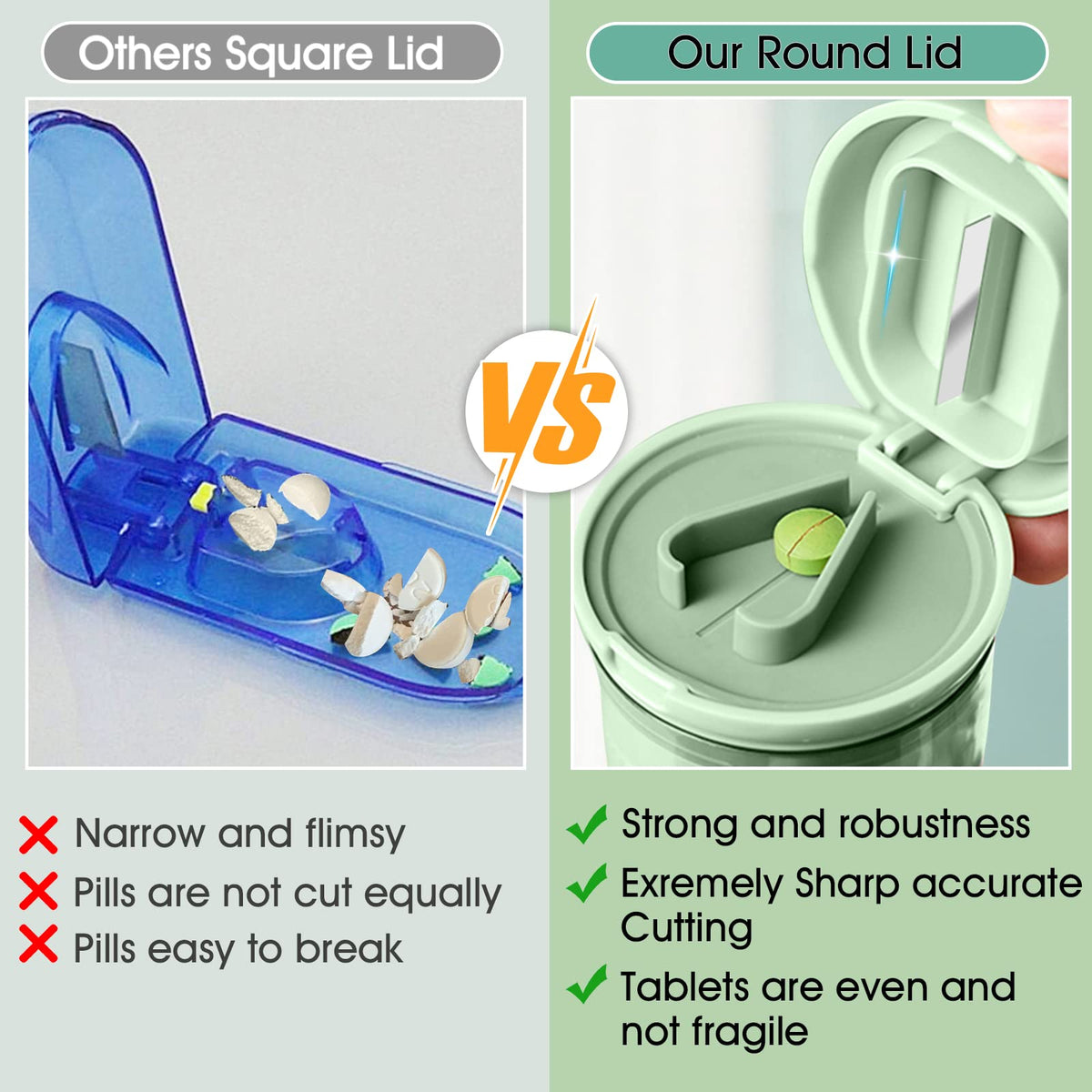 Green pill organizer with built-in storage compartments showcasing tablet splitting functionality.