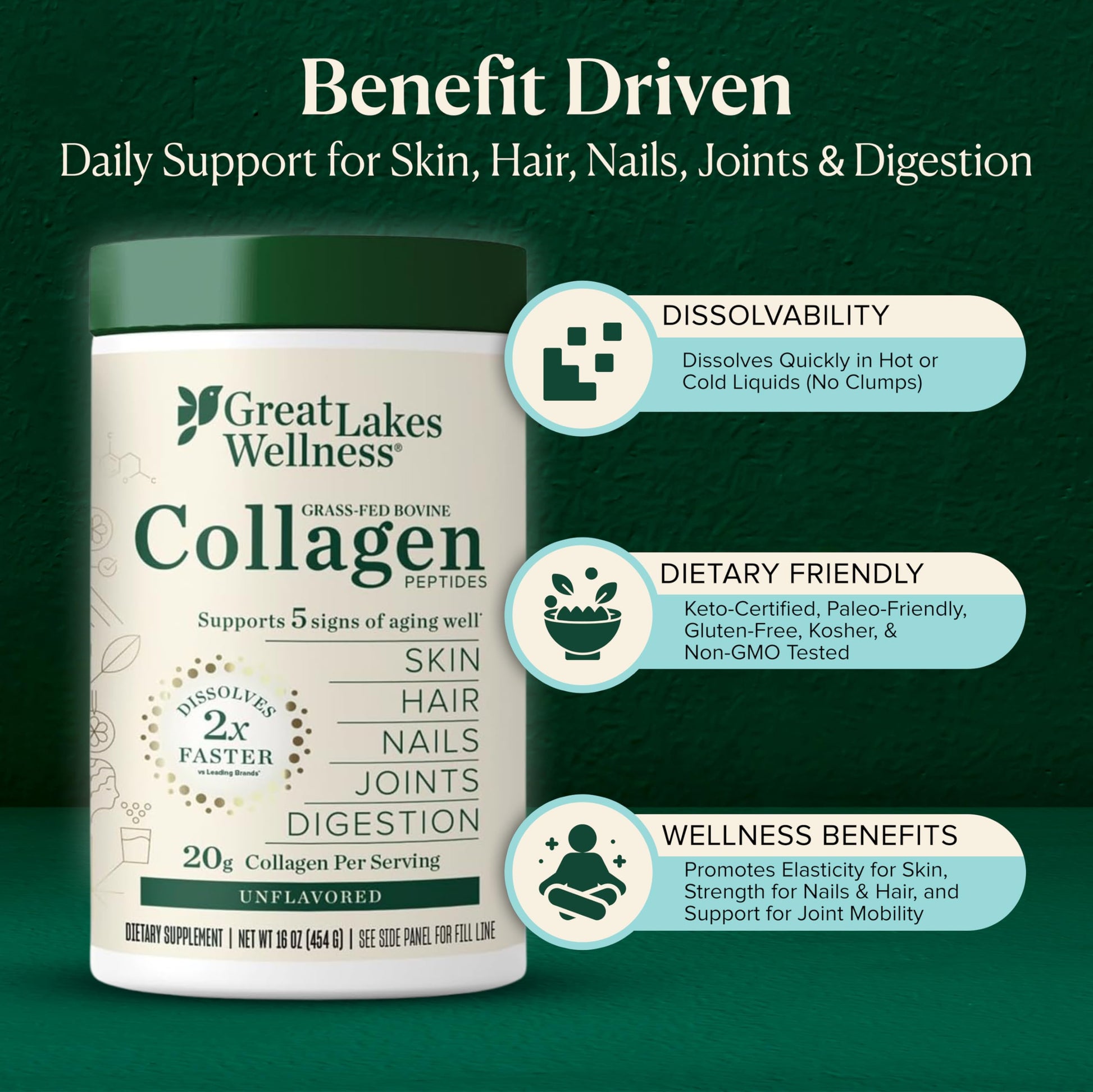 Hydrolyzed collagen peptides powder from Great Lakes Wellness pouring into hot morning coffee