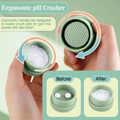 Portable medicine grinder tool detailing the twisting mechanism for crushing vitamins.