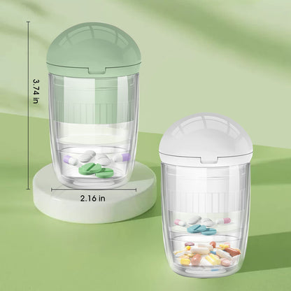 Compact travel pill dispenser and cutter demonstrating adjustable V-slot placement for small pills.