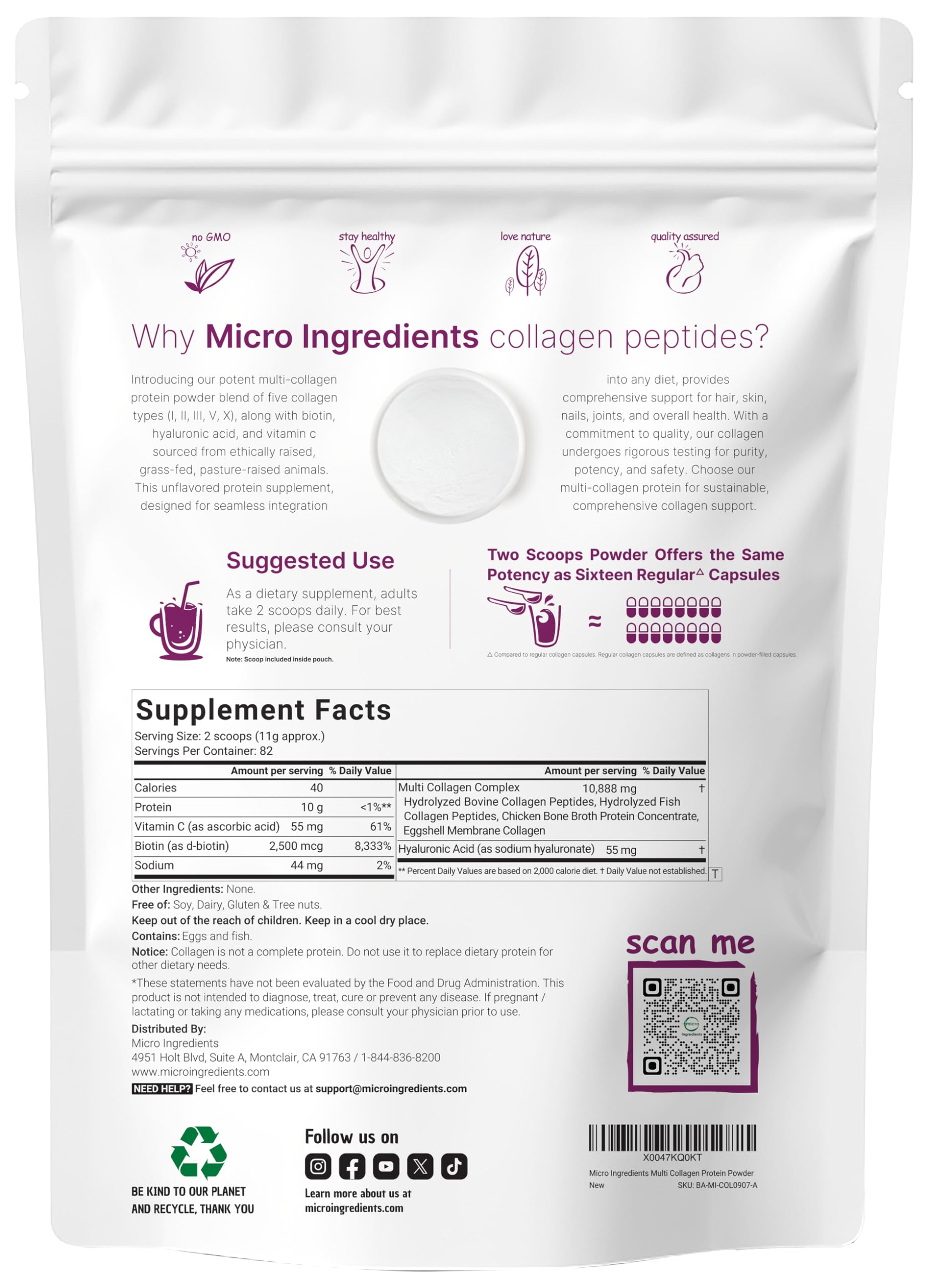 Micro Ingredients multi collagen powder nutritional supplement facts label