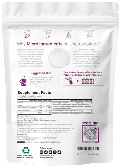 Micro Ingredients multi collagen powder nutritional supplement facts label