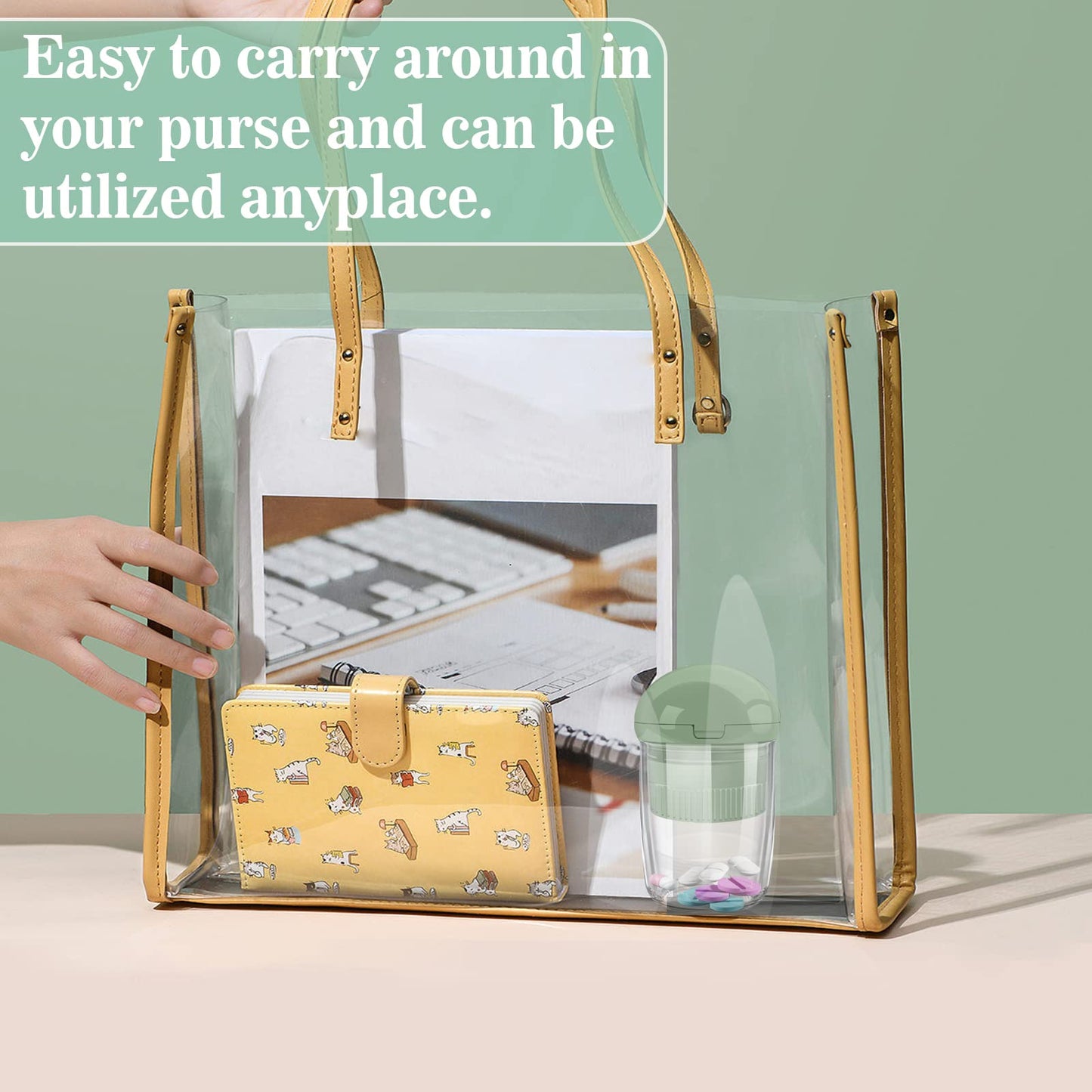 All-in-one vitamin pulverizer and storage container highlighting food grade ABS material construction.