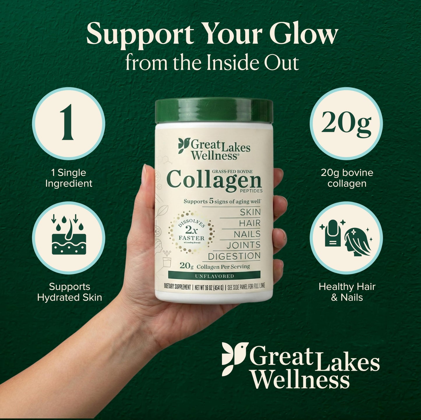 Great Lakes Wellness Types I and III collagen supplement container displaying dietary certifications