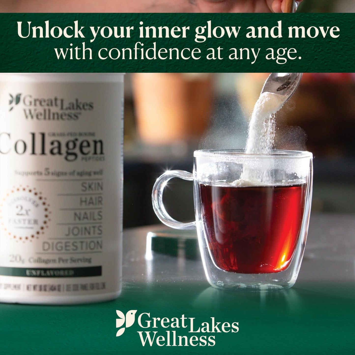 Authentic imported Great Lakes Wellness collagen canister showing tamper evident seal