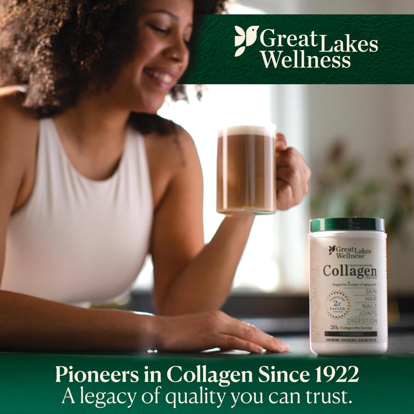 Great Lakes Wellness pasture raised bovine collagen peptide powder for skin hair and joints