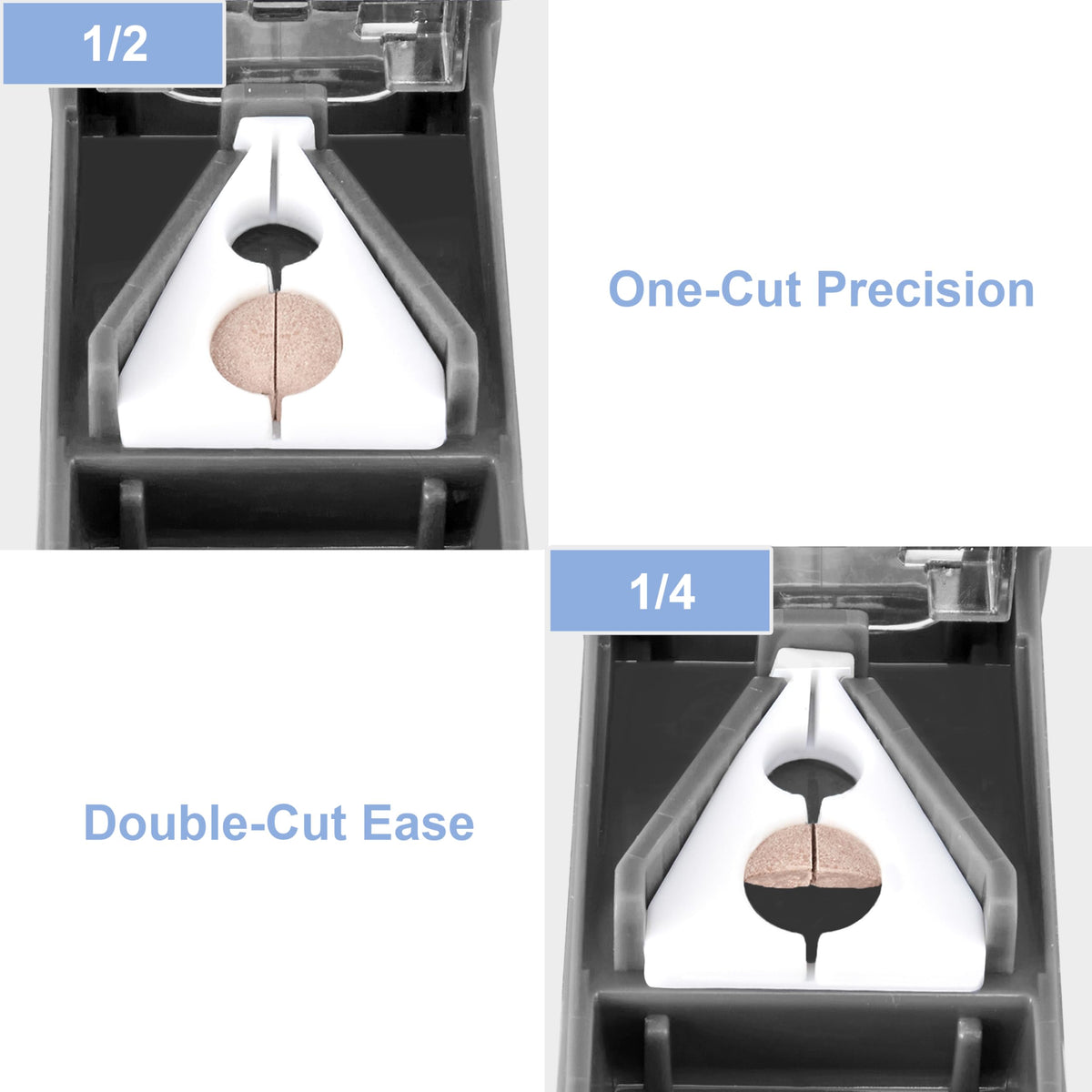 Fullicon tablet splitter open displaying sharp stainless steel blade and safety guard