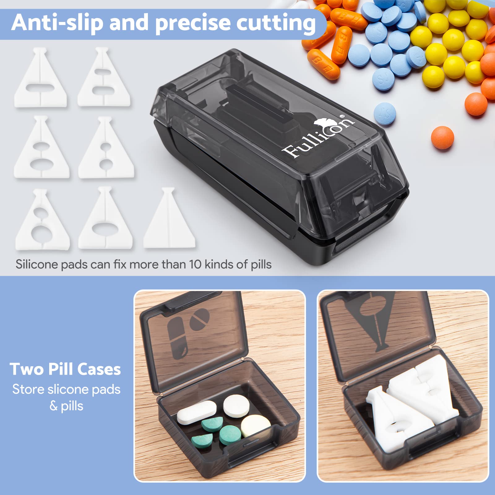 Fullicon medicine slicer with customizable V-shaped silicone pill holders