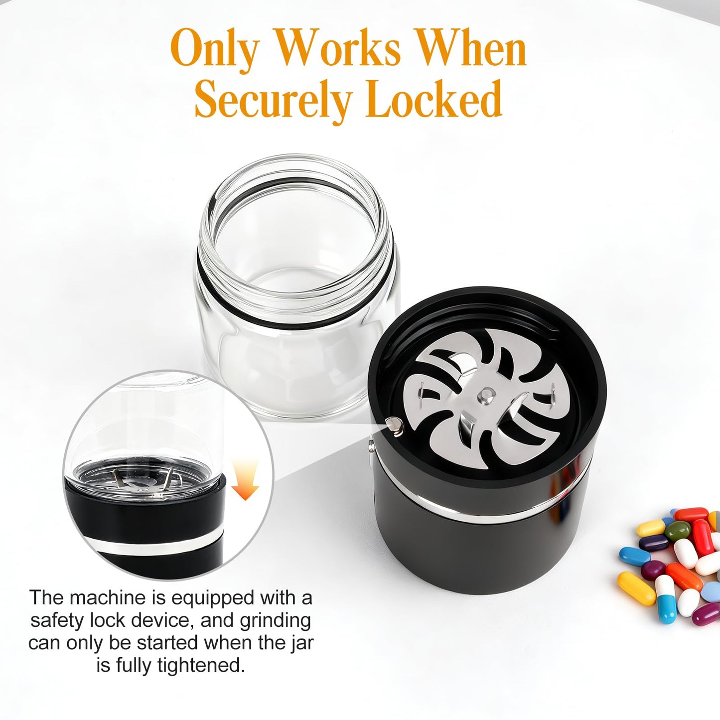 Compact electronic medicine capsule grinder demonstrating the safety lock alignment mechanism