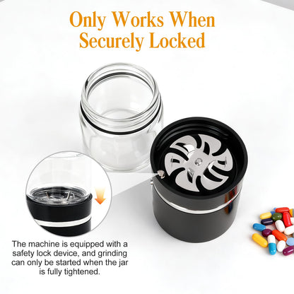 Compact electronic medicine capsule grinder demonstrating the safety lock alignment mechanism
