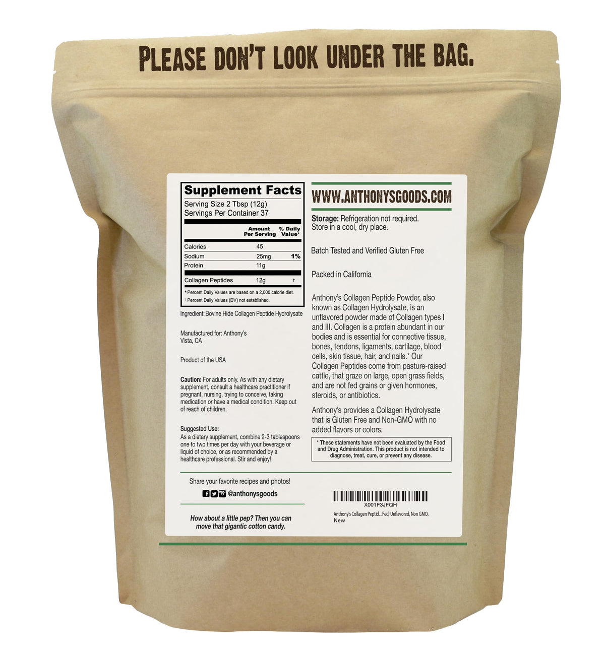 Pure hydrolyzed keto friendly collagen powder nutritional facts and ingredient label.