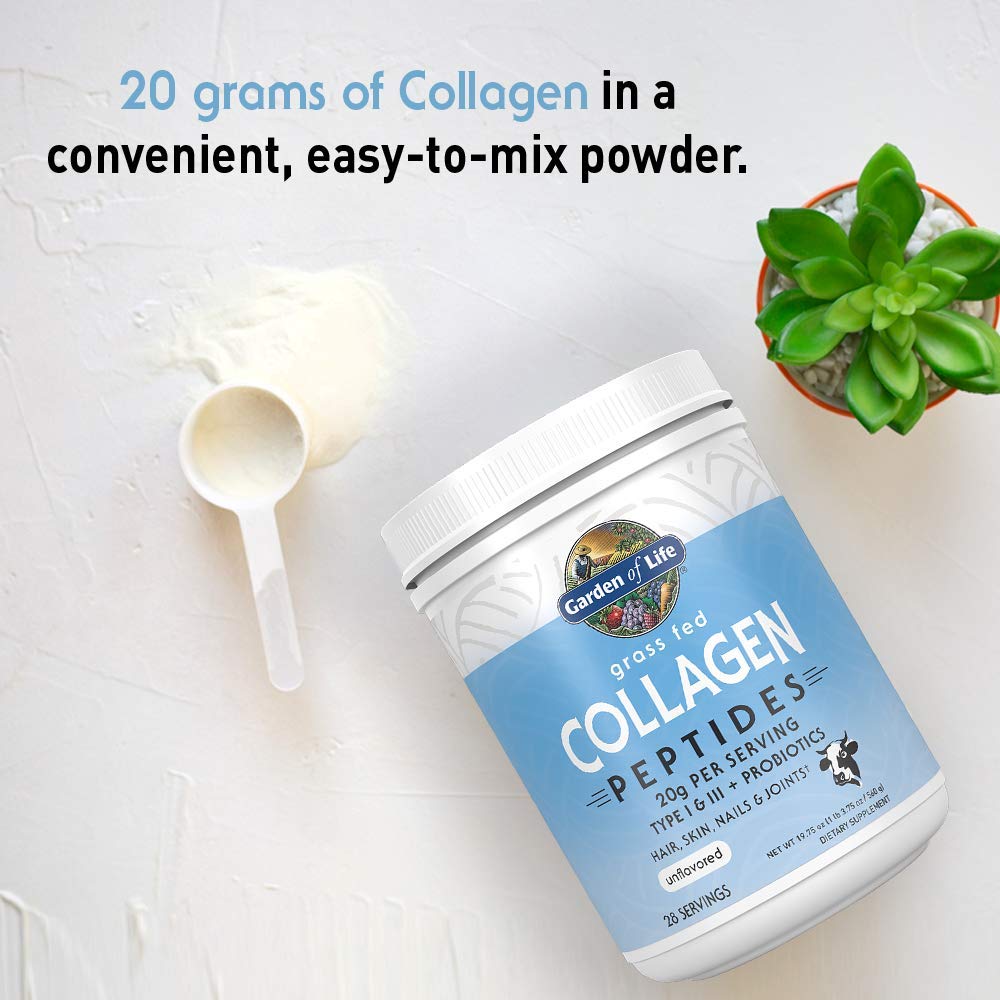 Garden of Life collagen powder container demonstrating easy solubility next to a coffee mug