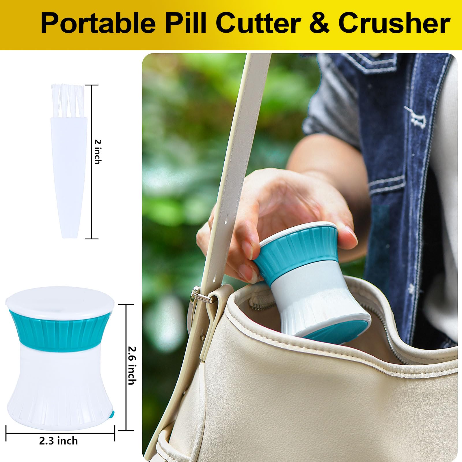Giramika 3 in 1 lightweight travel pill organizer and cutter shown next to daily vitamin supplements.