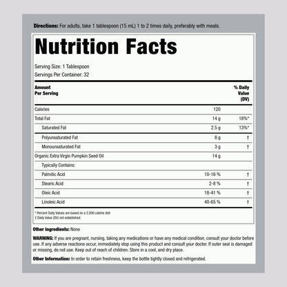 Piping Rock cold pressed pumpkin seed oil liquid supplement nutrition facts label