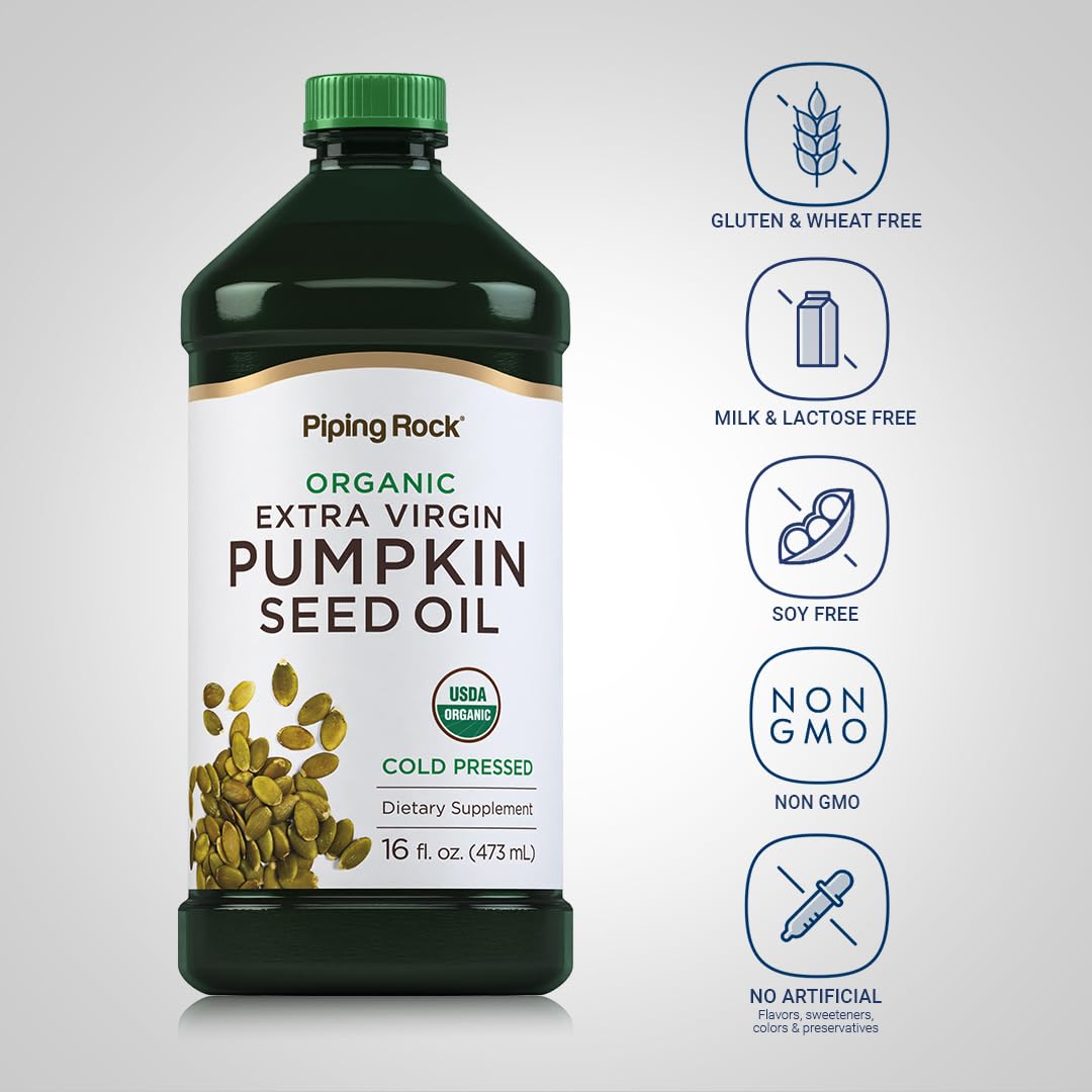 Extra virgin organic pumpkin seed oil bottle showing premium quality seal