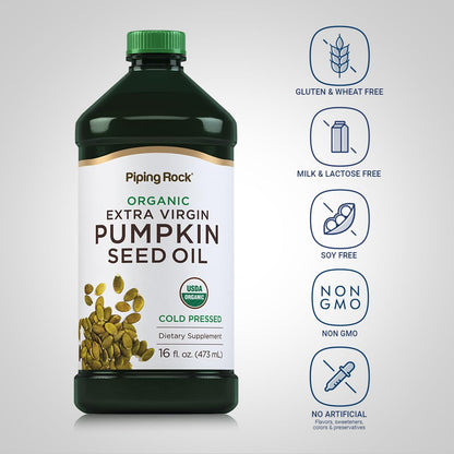 Extra virgin organic pumpkin seed oil bottle showing premium quality seal