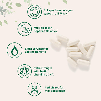 Hydrolyzed multi collagen peptides capsules with biotin showing authentic USA import seal for purity.