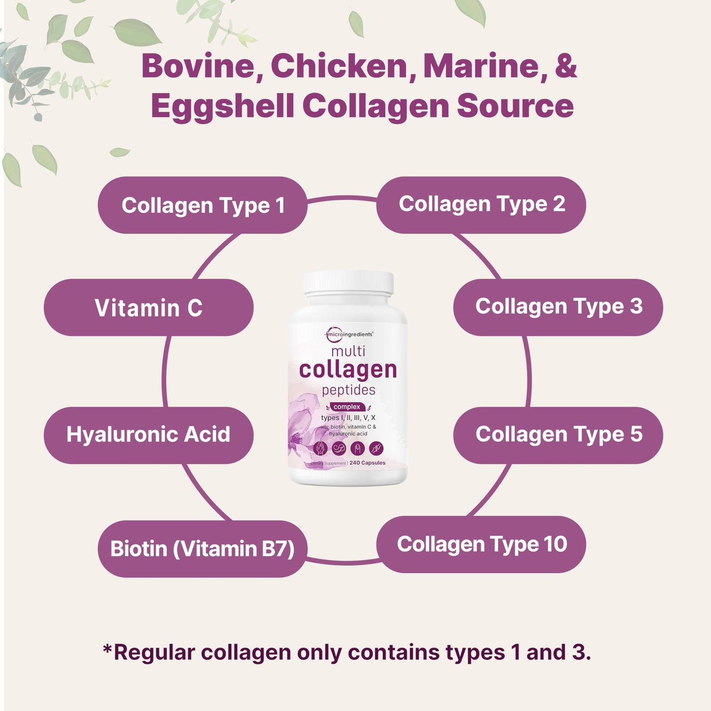 Side label view of Micro Ingredients multi collagen highlighting type one two three five and ten sources.
