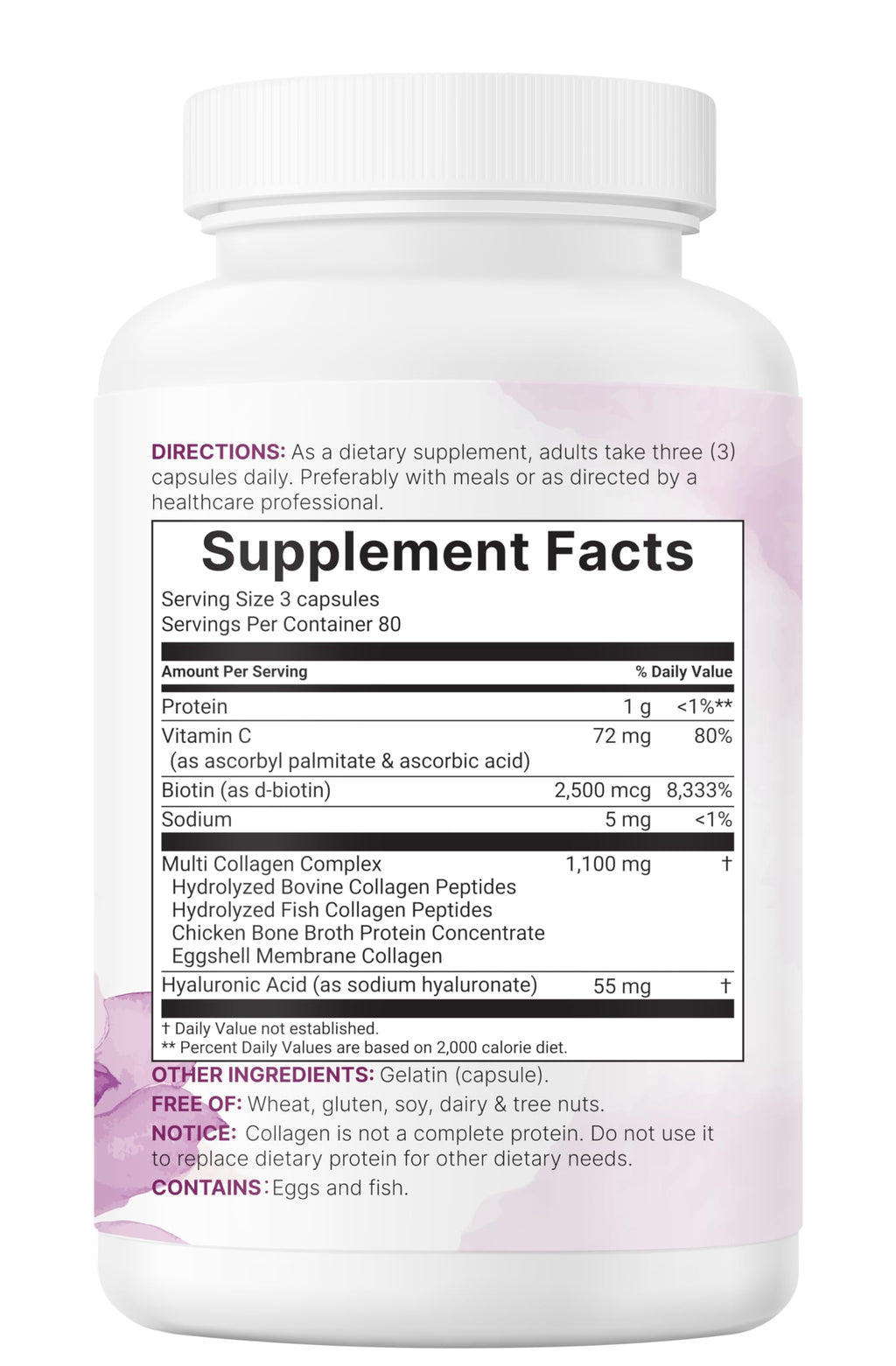 Full supplement bottle showing 1100mg collagen formulation per serving with hyaluronic acid.