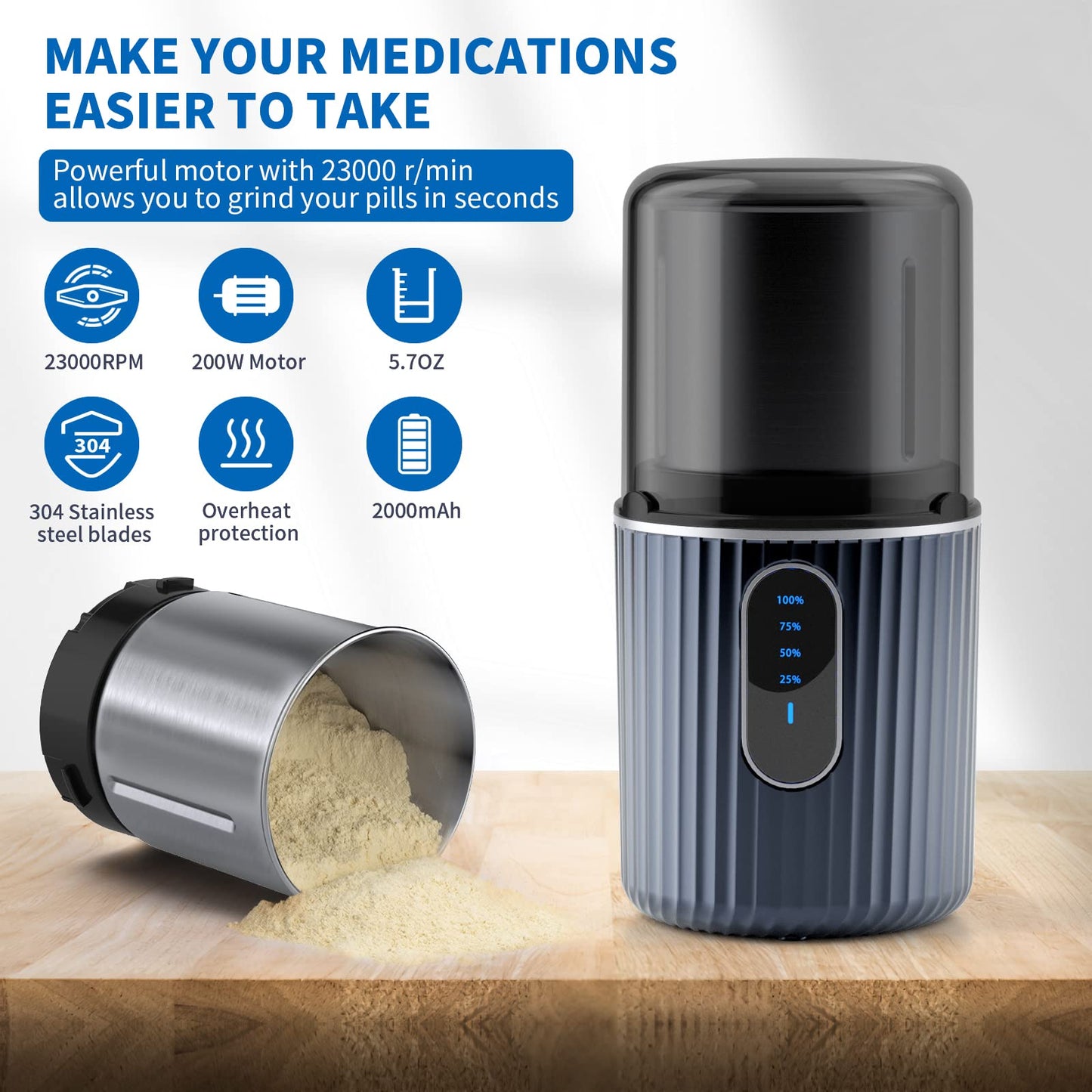 AUSSNICE electronic medicine grinder with double sealed protective lids detached