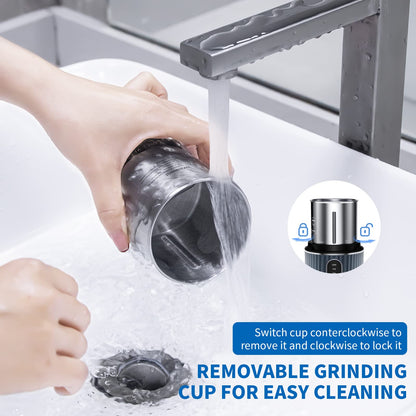 Hand pressing down on the automatic pill grinder switch for easy operation