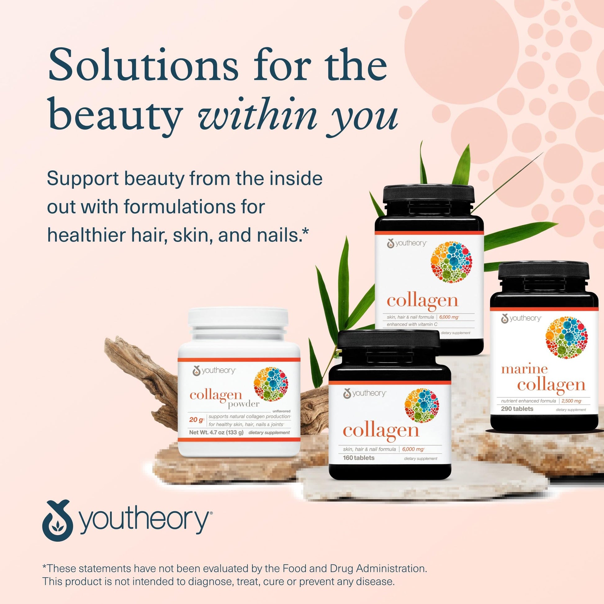 An array of Youtheory 290 pills bottles displaying official US manufacturer branding.