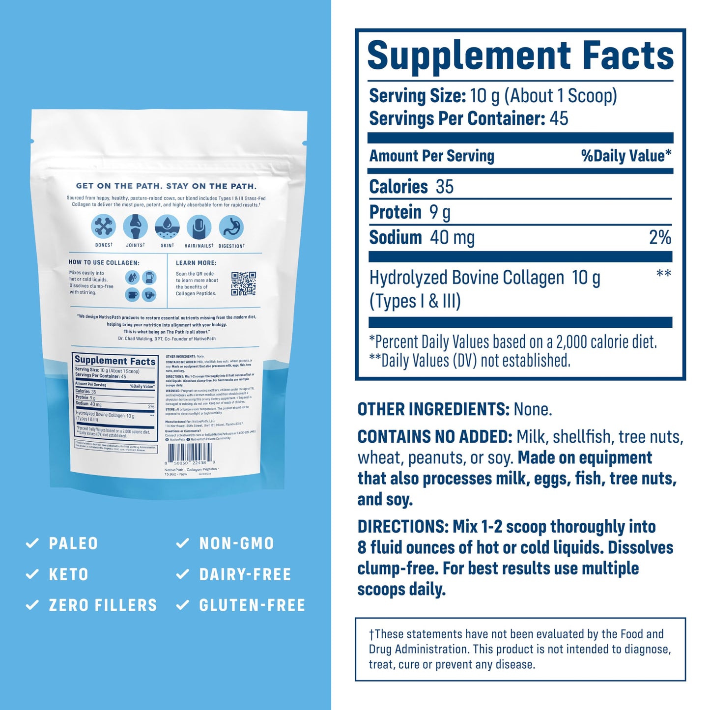 NativePath Hydrolyzed Type 1 and 3 Collagen powder nutritional facts label on back of the bag