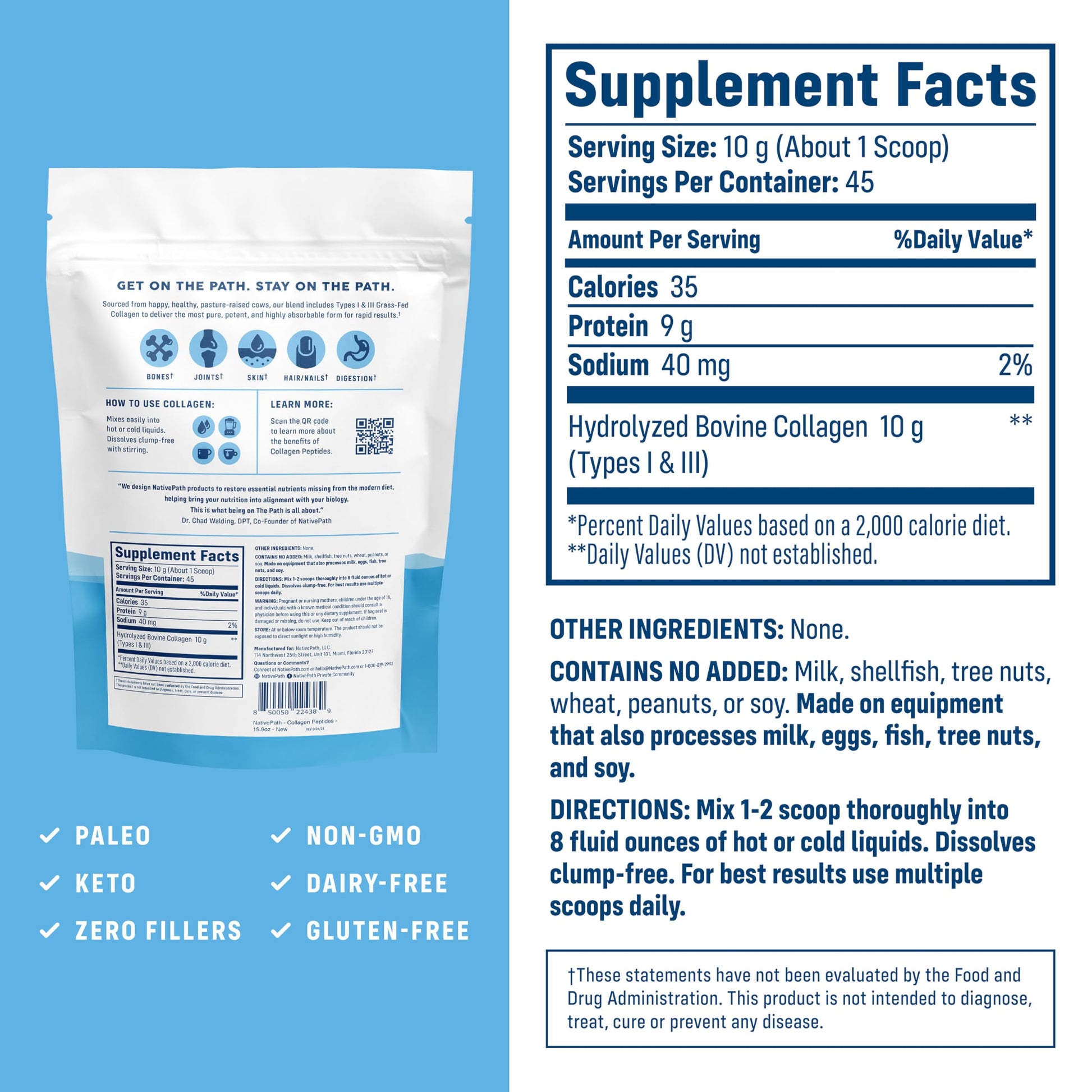 NativePath Hydrolyzed Type 1 and 3 Collagen powder nutritional facts label on back of the bag