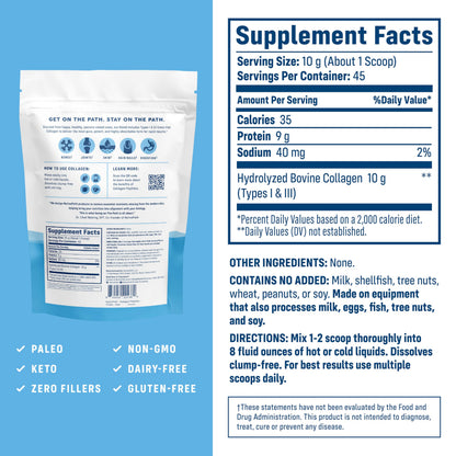 NativePath Hydrolyzed Type 1 and 3 Collagen powder nutritional facts label on back of the bag