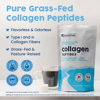 Unflavored NativePath Collagen Peptides clean powder being scooped out of its authentic packaging