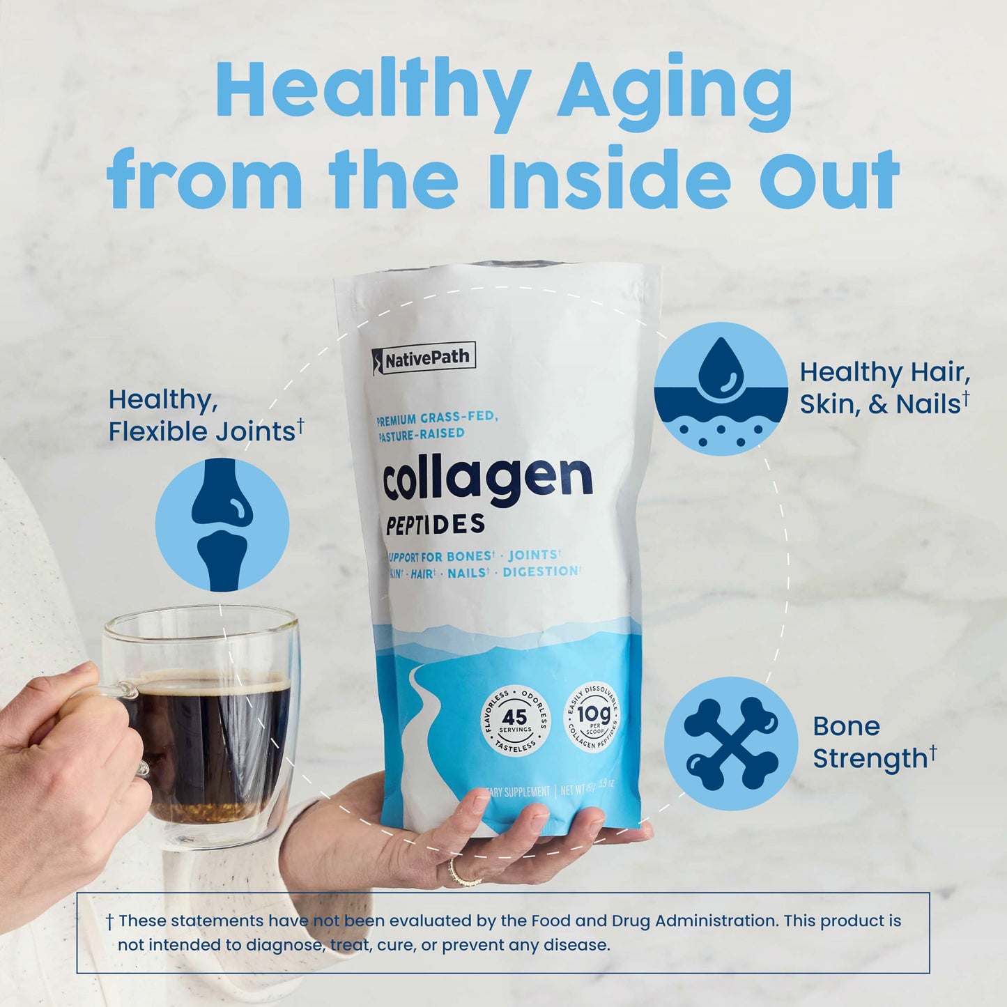 NativePath grass-fed bovine collagen protein powder dissolving smoothly in a cup of hot morning coffee