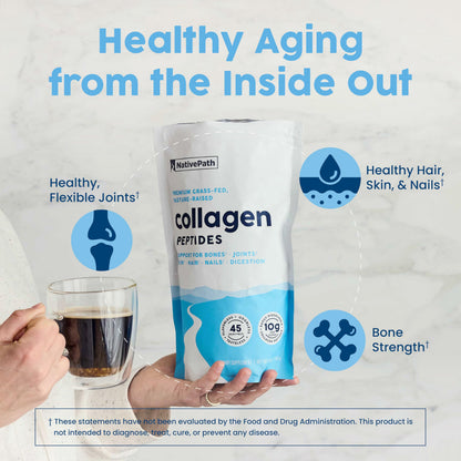 NativePath grass-fed bovine collagen protein powder dissolving smoothly in a cup of hot morning coffee